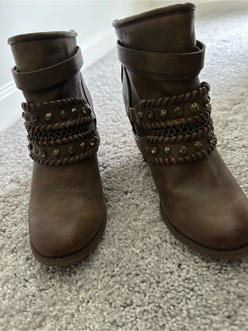 Not Rated Brown Studded Chain-Trim Ankle Booties